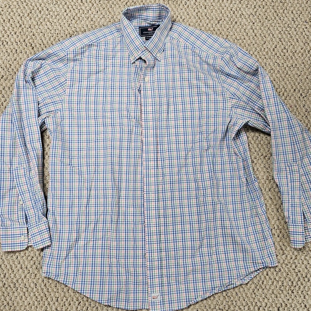 Vineyard Vines Shep & Ian Murray Shirt 100% Cotton Blue/Pink Plaid Spring Large
